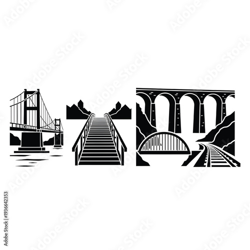 Three distinct structural silhouettes represent different types of crossings including a suspension bridge, a wooden walkway, and a railway viaduct.