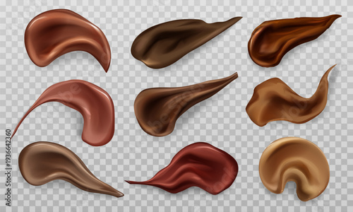 Cream foundation smear with luxurious texture for professional makeup looks. Cosmetic swatch of liquid concealer in dark brown tones on transparent background for facial beauty product display.