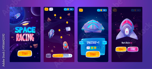 Game screen set for mobile space adventure with planets, spaceships and cosmic elements. Cartoon vector UI galaxy backgrounds with alien worlds, buttons and arcade style gaming interface assets.