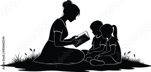 Black silhouette mother reading book to children sitting on grass outdoors family education literacy concept vector illustration isolated on white background