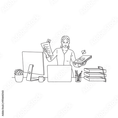 A woman presenting information while working at a cluttered office desk