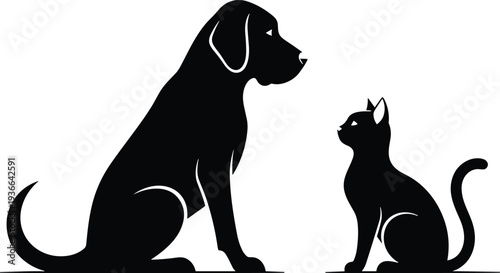 Black dog and cat silhouette sitting together pet shop logo veterinary clinic symbol vector illustration isolated on white background clipart