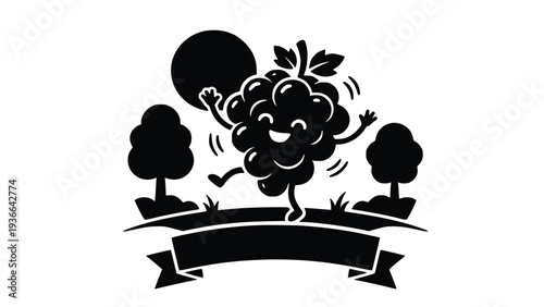 Cartoon illustration of a cheerful animated bunch of grapes playing with a ball in a playful outdoor setting with trees and a banner.