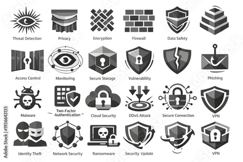 Cyber security icons representing various aspects of online safety and protection displayed in a grid on a clean white background