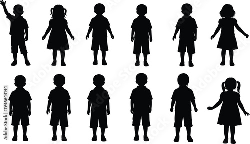Set of children silhouettes in standing poses, boys and girls black vector illustration isolated on white background