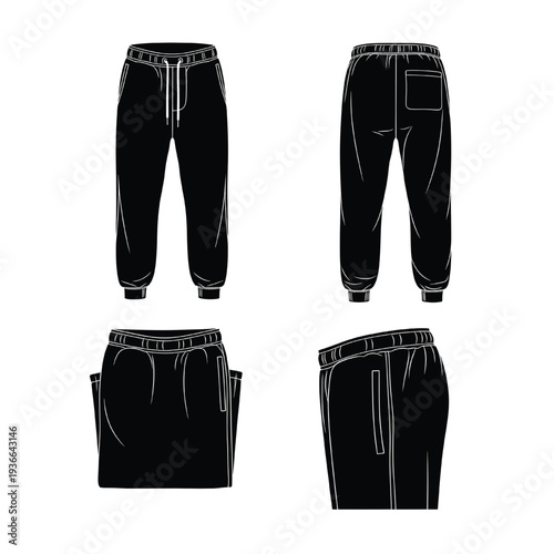 Black athletic jogger pants technical drawings show front, back, and folded views suitable for clothing pattern making.