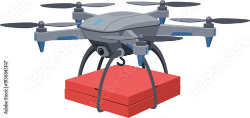 Delivery drone carrying red pizza box package for fast food service on transparent background