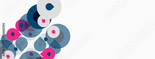 Abstract circles overlap, creating dynamic composition. Pink, blue, gray hues dominate white background. Modern design element.