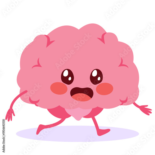 Cartoon illustration of a brain mascot walking happily representing physical activity benefits for cognitive health, wellness programs and healthy lifestyle education