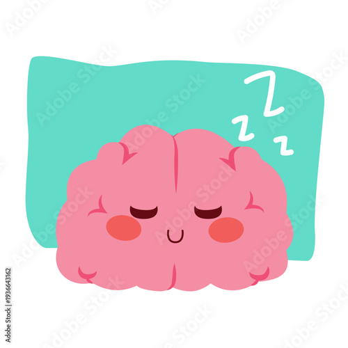 Cartoon illustration of a cute brain mascot sleeping on a large pillow with “zzz” symbol representing rest, energy recovery and the importance of sleep for mental health and cognitive wellbeing