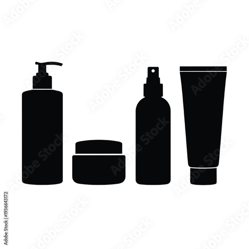 A collection of four black cosmetic packaging silhouettes including a pump dispenser, jar, spray bottle, and squeeze tube is displayed against a white background.