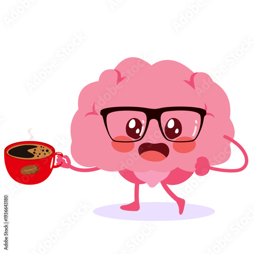 Cartoon illustration of a nerd brain mascot holding a coffee cup representing waking up, energy boost and central nervous system activation in a humorous way