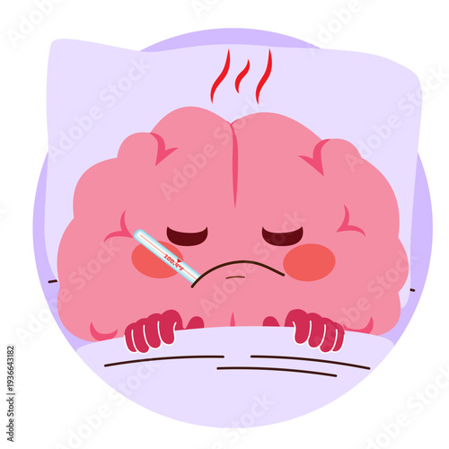 Cartoon illustration of a brain mascot sick in bed with thermometer representing illness, fever and neurological health awareness