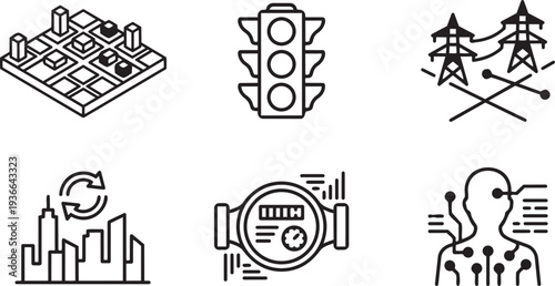 Smart City Infrastructure, Urban Digital Twin and Connected Metropolitan Systems Minimalist Mono-line Icon Set Vector Illustration