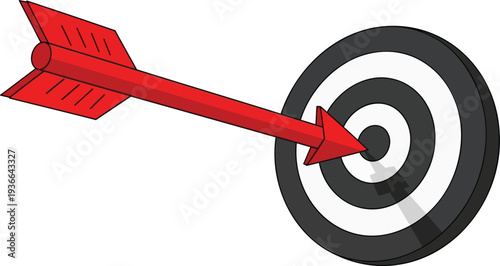 Red arrow hitting center of target for success and goal achievement concept illustration