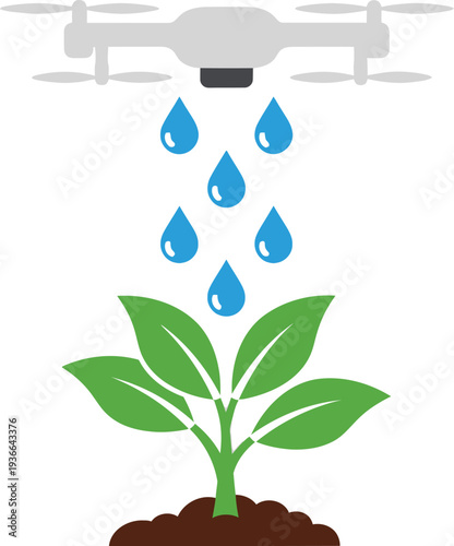 Agricultural drone watering green plant from above for smart farming and crop irrigation