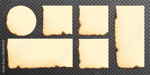 Old paper with burnt corner, fired edge of aged book sheet. Tear texture effect, round heart frame or square page with fiery border. Beige ripped ashed parchment, realistic heat damaged note blank