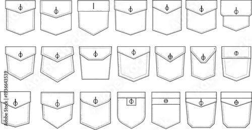 Set of denim pocket flat sketches with flap variations and stitching details technical fashion vector templates isolated on white background