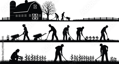 Black silhouette of farmers working in agricultural fields with barn, silo, wheelbarrows, and garden tools for rural farming and gardening concepts.