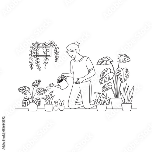 A woman waters indoor plants in a minimalist line art illustration