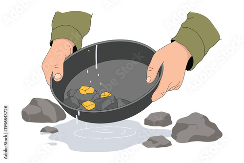 Gold Nugget Panning Vector Hands in Black Pan with Rocks and Water, Mining Concept Illustration
