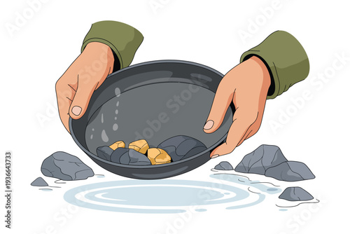 Gold Nugget Panning Vector Hands in Black Pan with Rocks and Water, Mining Concept Illustration