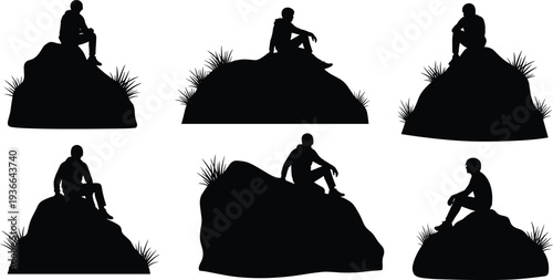 Set of black silhouettes of people sitting on rocks and hilltops for outdoor adventure, hiking, meditation, nature reflection, and travel.
