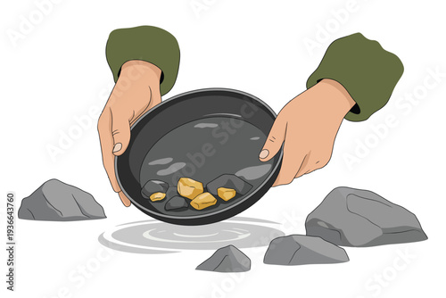 Gold Nugget Panning Vector Hands in Black Pan with Rocks and Water, Mining Concept Illustration