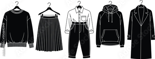 Set of black and white clothing silhouettes on hangers including sweatshirt, pleated skirt, formal shirt with trousers, hoodie, and coat.
