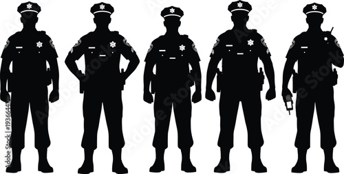 Set of police officer silhouettes in uniform standing poses isolated on white background vector illustration for security and law enforcement design