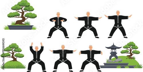 Set of senior man practicing tai chi in traditional garden, martial arts exercise poses vector illustration collection