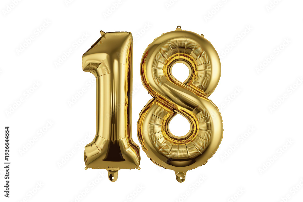 Fototapeta premium Golden number 18 foil balloons floating, celebrating milestone birthday or anniversary, transparent background