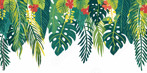 Lush tropical leaves and vibrant red flowers adorn a white background