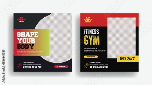 Professional Gym Fitness Workout Advertising Design Template Featuring Social Media Post, Square Flyer Poster, Web Banner and Banner Ads for Personal Trainer, Fitness Club Promotion