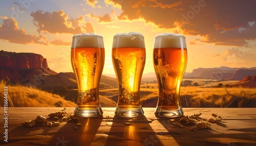 Three Glasses of Strong Beer with Rich Foam and Scenic Desert Mountain Backdrop