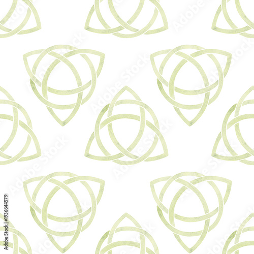Photos Green celtic Trinity Knot within a circle,in a single watercolor tone with paper texture in seamless pattern
