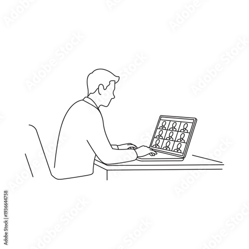 Man participates in a video conference call using a laptop computer