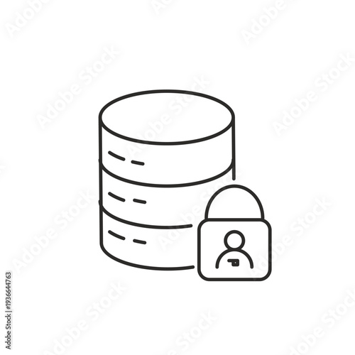 Data Privacy Icon Vector Line Art – Secure Database with Padlock, Information Security Concep