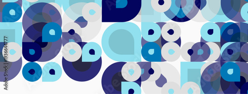 Abstract pattern features overlapping circles, squares. Shades include blues, grays, whites creating modern aesthetic.