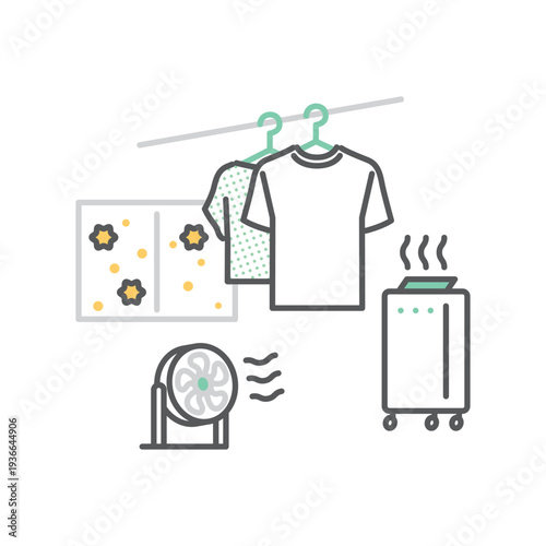 シンプル　イラスト　花粉症対策の家電と室内干し洗濯物のイラストのイメージ ベクターイラスト
