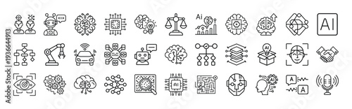 Set of 36 Artificial Intelligence and Machine Learning Line Icons Vector - AI, Robotics, Data Processing, Brain, Automation, and Digital Technology Symbols for Web and Mobile Interfaces