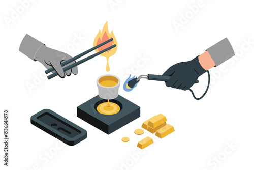Goldsmith Melting Gold Vector Using Torch and Crucible, Crafting New Gold Bars Illustration