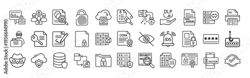 Set of 33 Data Protection and Cybersecurity Line Icons Vector for Digital Security, Privacy, and Information Safety