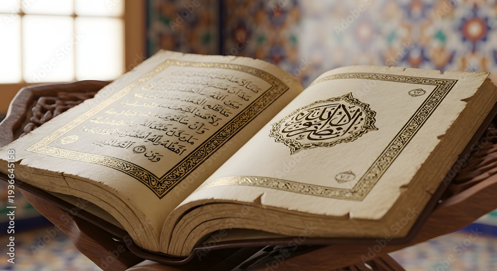 Obraz premium Holy Quran on Wooden Stand - Open Quran Book in Mosque with Soft Sunlight