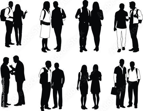 Vector illustration of stylized human silhouettes in conversation pairs symbolizing communication, teamwork, culture, tradition, and education