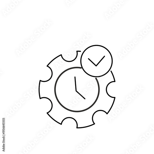 Realtime Date Update Icon – Line Art Gear with Clock and Check Mark Vecto