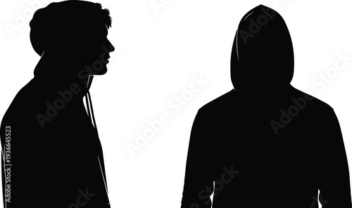 Two human silhouettes facing each other isolated on white background representing mystery, communication, confrontation, anonymity, psychology, and modern conceptual graphic design illustration