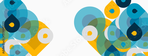 Abstract circles overlap, creating vibrant patterns. Blue, green, yellow hues dominate composition. Modern design element.