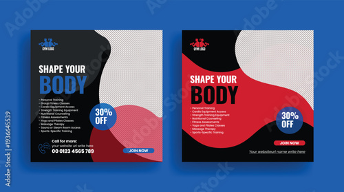 Modern Gym Fitness Workout Promotion Social Media Post Template and Square Flyer Poster Design for Personal Trainer, Fitness Club Marketing, Bodybuilding Sport Training Banner Ads Web Banner
