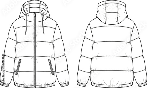 Women short sleeve polo shirt, athletic sneaker, and hooded puffer jacket vector technical sketch set, female sports apparel and footwear fashion template collection.